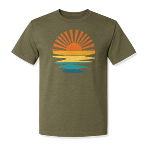 Sunset T-Shirt, Retro Sun Rays and Water Reflection Design for Vacation Travel