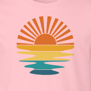 Sunset T-Shirt, Retro Sun Rays and Water Reflection Design for Vacation Travel