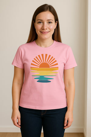 Sunset T-Shirt, Retro Sun Rays and Water Reflection Design for Vacation Travel