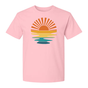 Sunset T-Shirt, Retro Sun Rays and Water Reflection Design for Vacation Travel