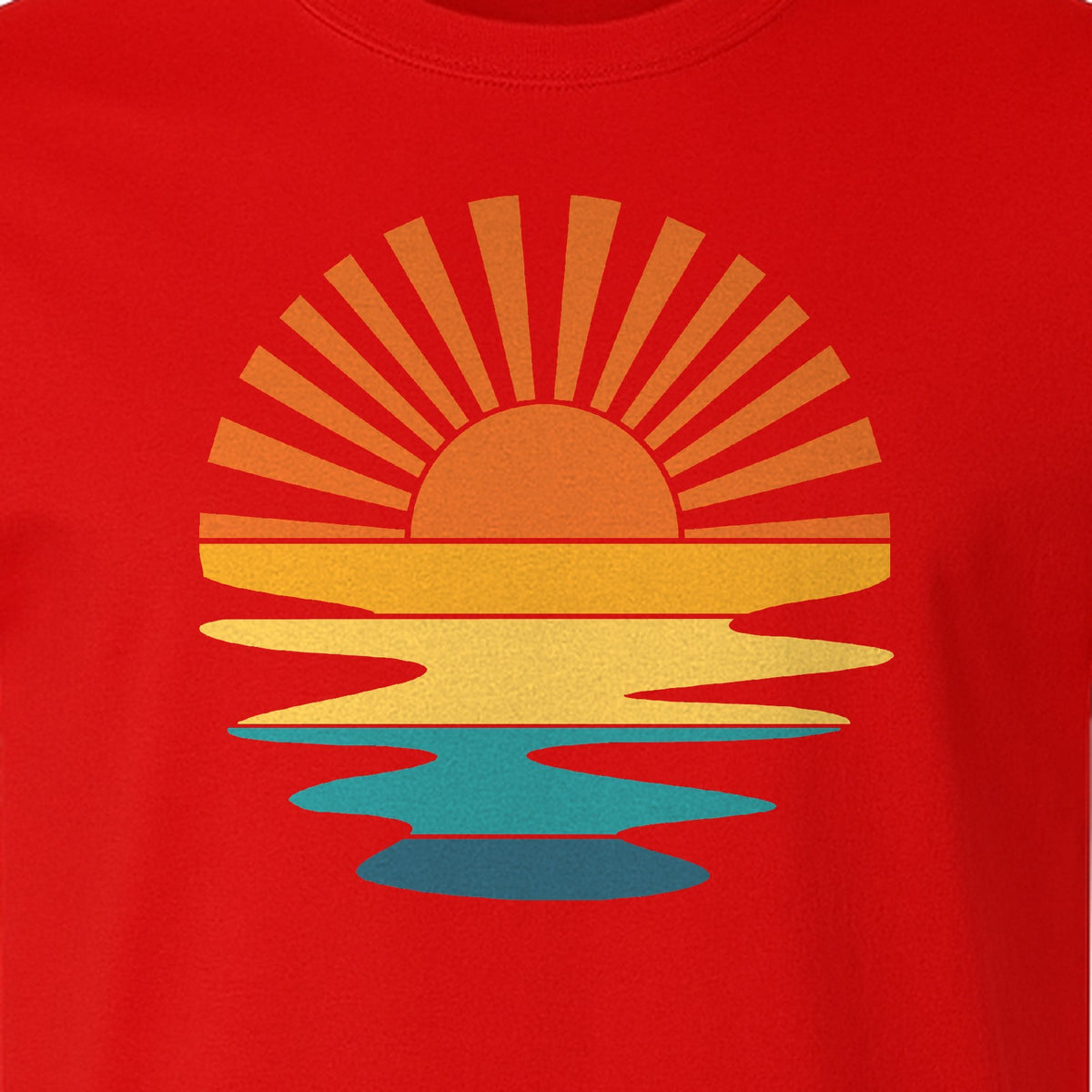 Sunset T-Shirt, Retro Sun Rays and Water Reflection Design for Vacation Travel