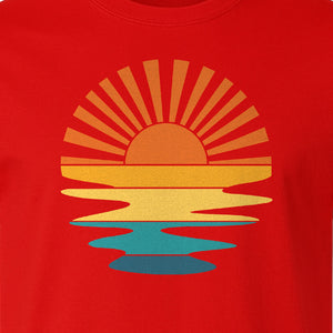 Sunset T-Shirt, Retro Sun Rays and Water Reflection Design for Vacation Travel
