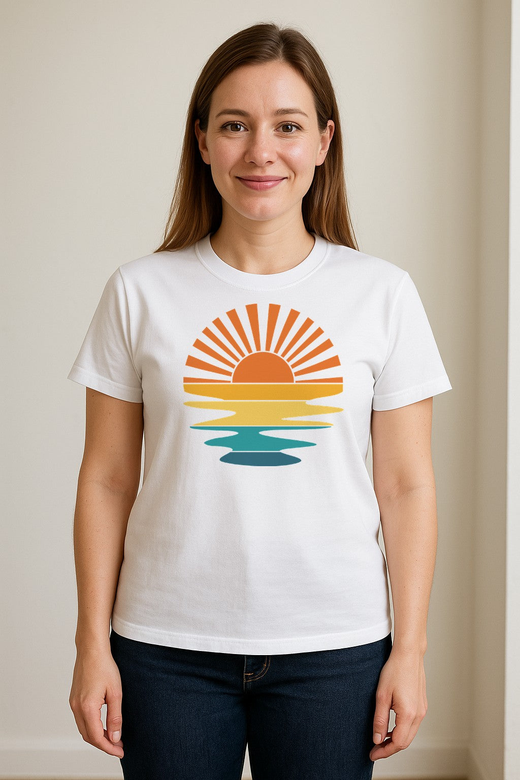 Sunset T-Shirt, Retro Sun Rays and Water Reflection Design for Vacation Travel