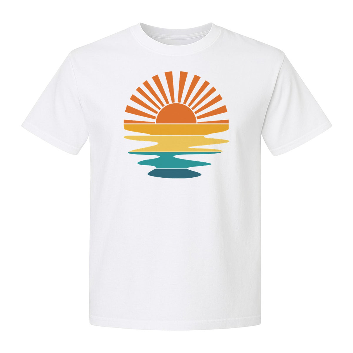 Sunset T-Shirt, Retro Sun Rays and Water Reflection Design for Vacation Travel