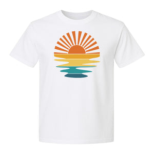 Sunset T-Shirt, Retro Sun Rays and Water Reflection Design for Vacation Travel
