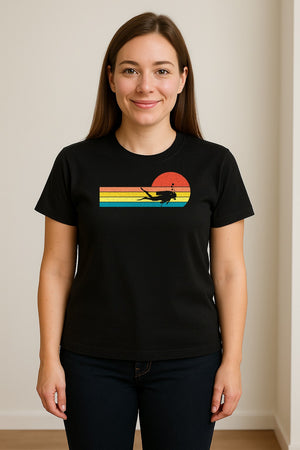 Scuba Diving T-Shirt, Retro Sunset Diver Graphic for Ocean Explorers and Water Sport Fans