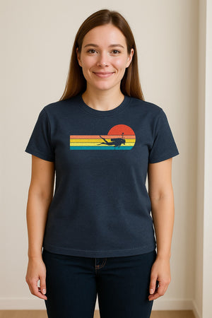 Scuba Diving T-Shirt, Retro Sunset Diver Graphic for Ocean Explorers and Water Sport Fans