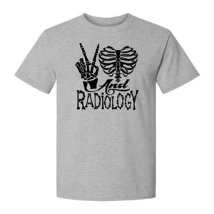 Radiology T-Shirt, Peace Sign Skeleton Rib Cage Design for X-Ray Techs and Imaging Technologists