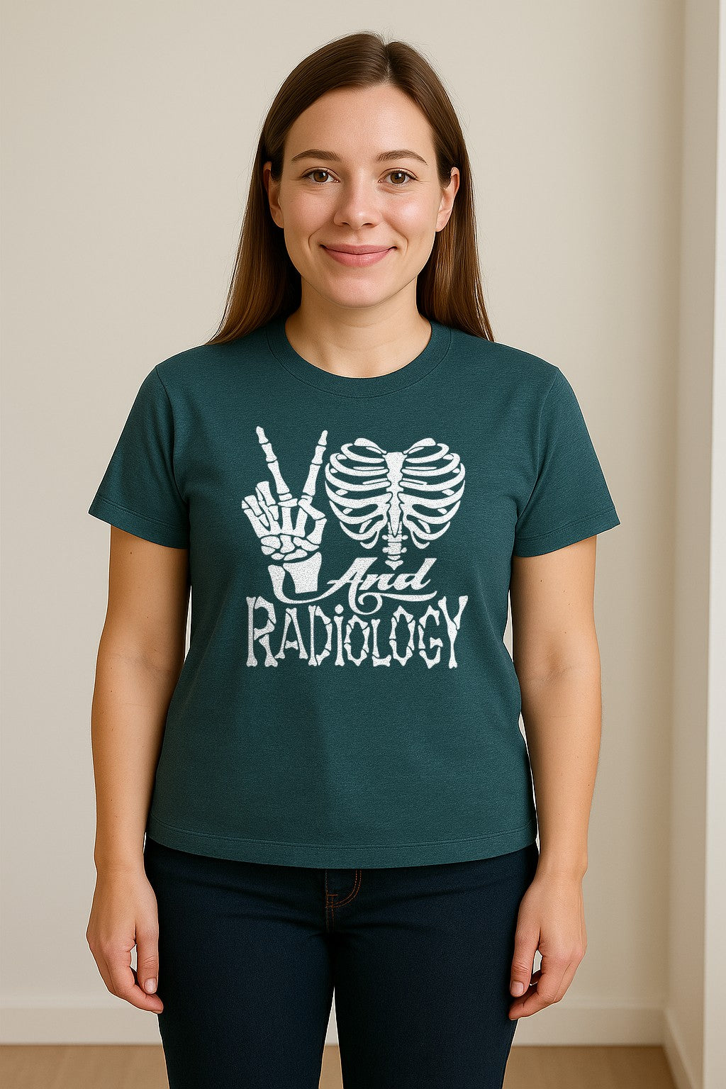 Radiology T-Shirt, Peace Sign Skeleton Rib Cage Design for X-Ray Techs and Imaging Technologists