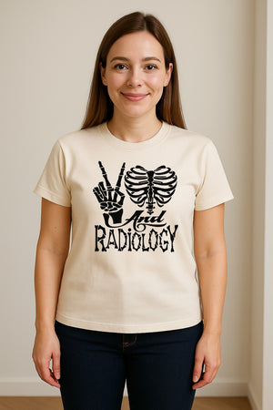 Radiology T-Shirt, Peace Sign Skeleton Rib Cage Design for X-Ray Techs and Imaging Technologists