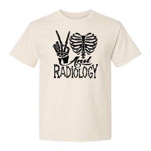 Radiology T-Shirt, Peace Sign Skeleton Rib Cage Design for X-Ray Techs and Imaging Technologists