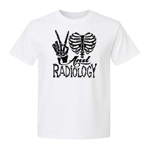 Radiology T-Shirt, Peace Sign Skeleton Rib Cage Design for X-Ray Techs and Imaging Technologists