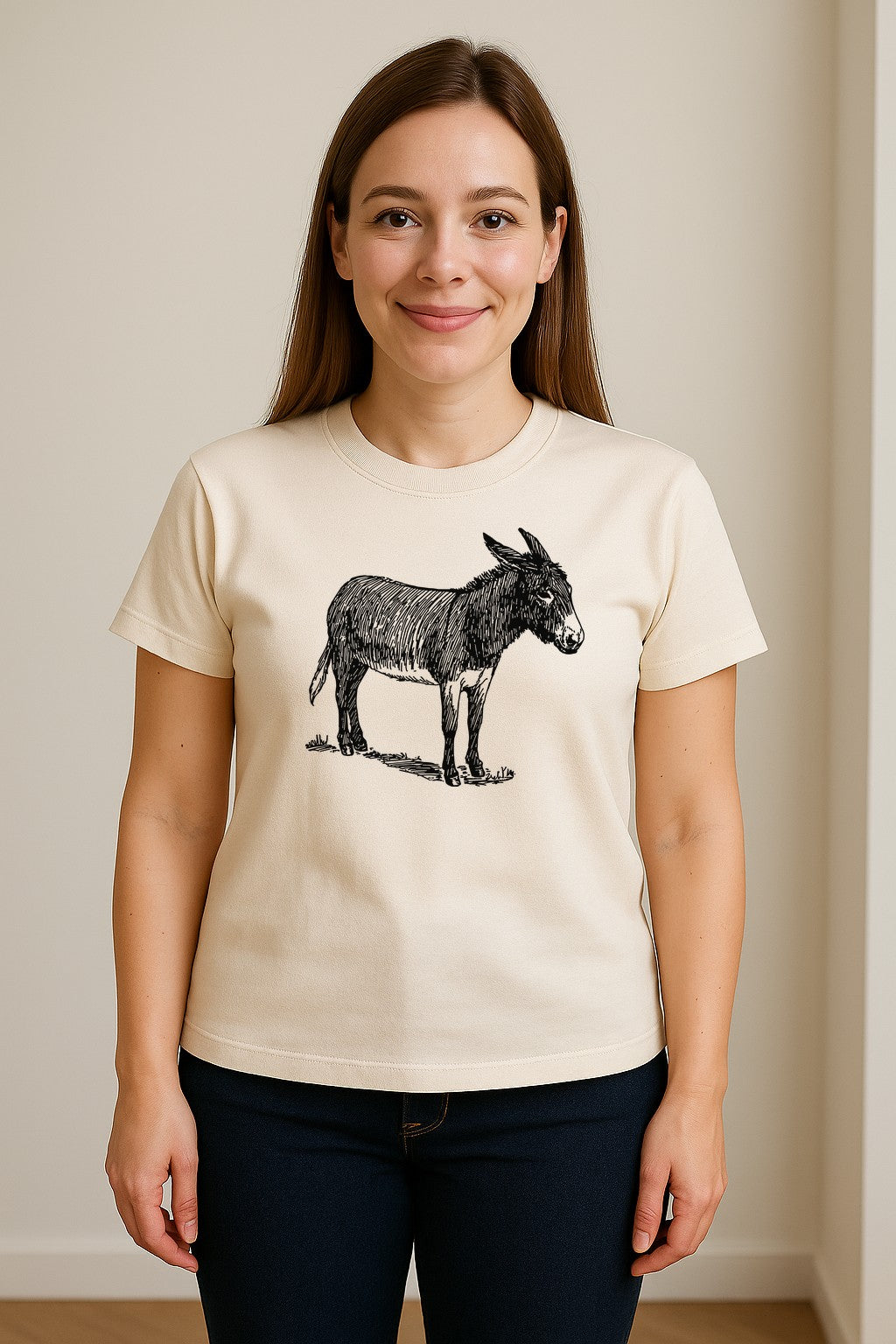 Donkey T-Shirt, Detailed Standing Sketch Graphic for Animal Lovers and Ranch Life