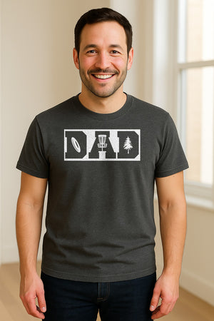 Disc Golf Dad T-Shirt, Bold Collegiate Letter Design for Fathers and Course Players