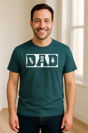 Disc Golf Dad T-Shirt, Bold Collegiate Letter Design for Fathers and Course Players