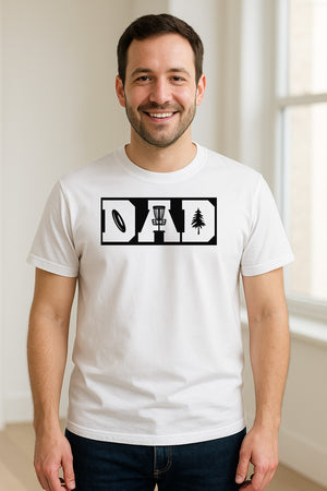 Disc Golf Dad T-Shirt, Bold Collegiate Letter Design for Fathers and Course Players