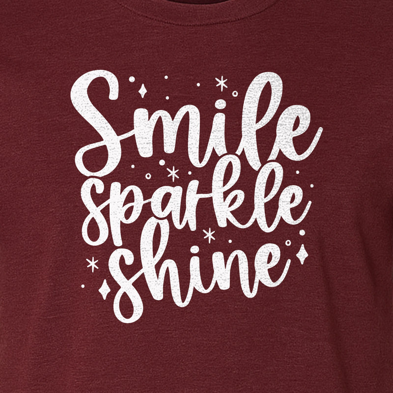 Smile Sparkle Shine T-Shirt, Uplifting Script Quote Graphic for Positive Vibes and Encouragement