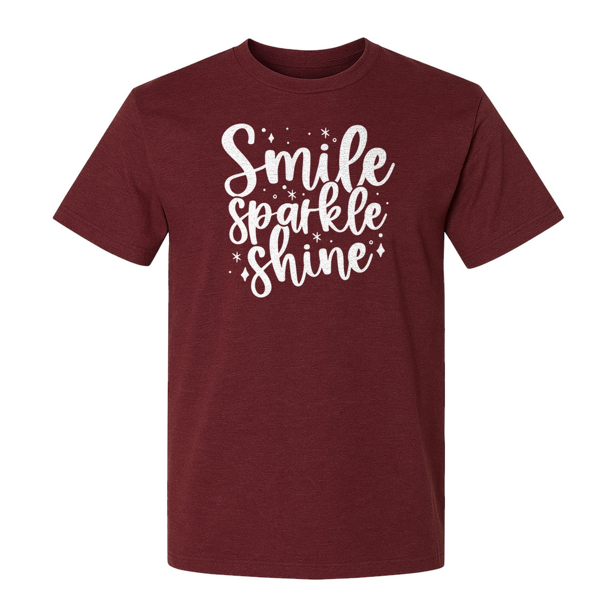 Smile Sparkle Shine T-Shirt, Uplifting Script Quote Graphic for Positive Vibes and Encouragement