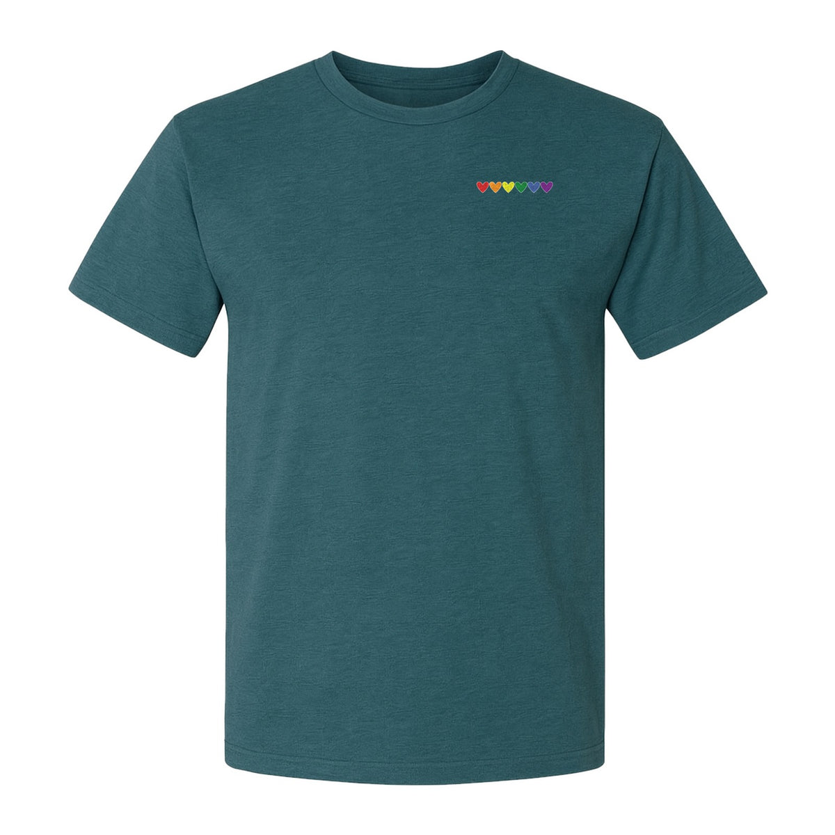 Pride T-Shirt, Small Rainbow Heart Row Left Chest Design for LGBTQ Support and Allies