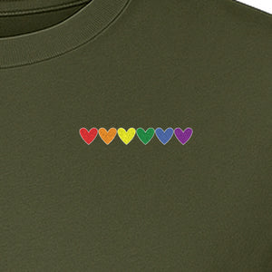 Pride T-Shirt, Small Rainbow Heart Row Left Chest Design for LGBTQ Support and Allies
