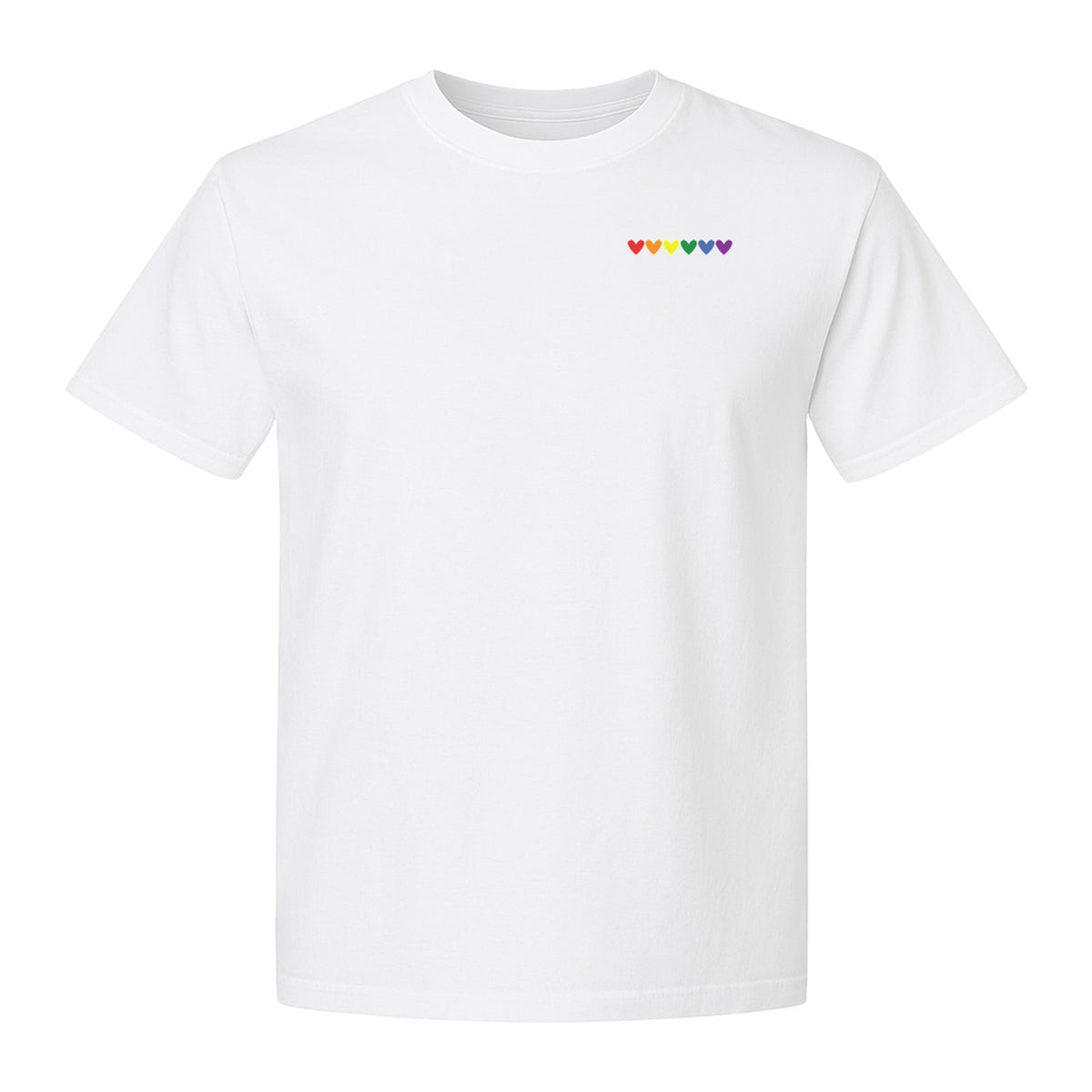 Pride T-Shirt, Small Rainbow Heart Row Left Chest Design for LGBTQ Support and Allies