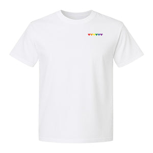 Pride T-Shirt, Small Rainbow Heart Row Left Chest Design for LGBTQ Support and Allies