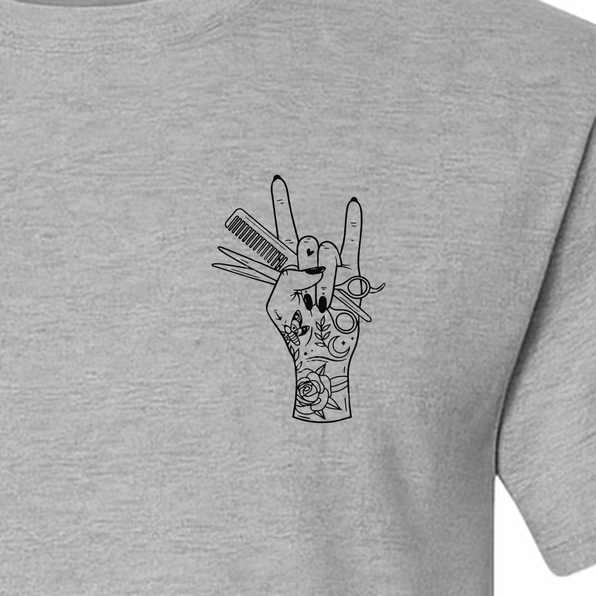 Hairstylist T-Shirt, Rock On Hand and Hair Tools Graphic for Hairdressers and Salon Pros