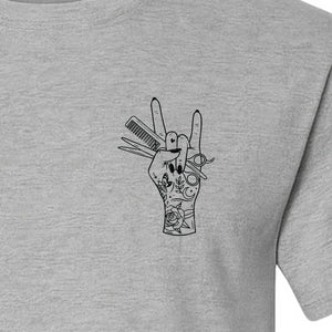 Hairstylist T-Shirt, Rock On Hand and Hair Tools Graphic for Hairdressers and Salon Pros