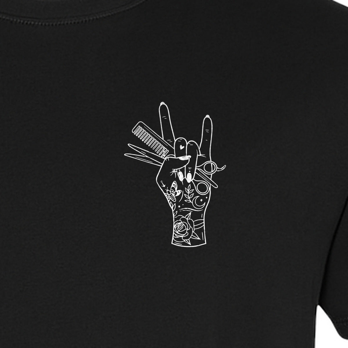 Hairstylist T-Shirt, Rock On Hand and Hair Tools Graphic for Hairdressers and Salon Pros