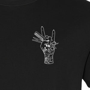 Hairstylist T-Shirt, Rock On Hand and Hair Tools Graphic for Hairdressers and Salon Pros