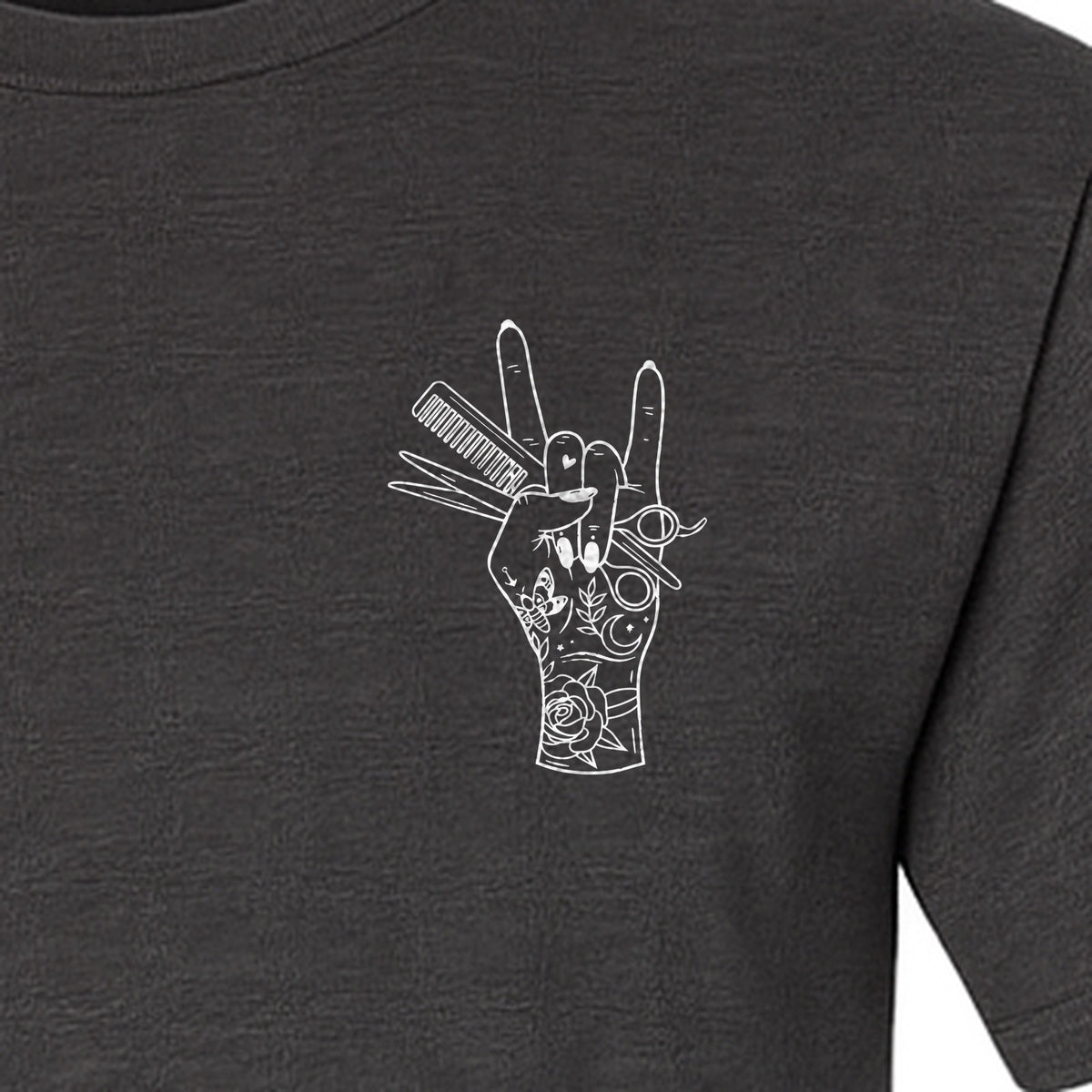 Hairstylist T-Shirt, Rock On Hand and Hair Tools Graphic for Hairdressers and Salon Pros