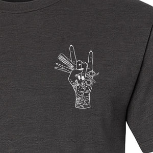 Hairstylist T-Shirt, Rock On Hand and Hair Tools Graphic for Hairdressers and Salon Pros