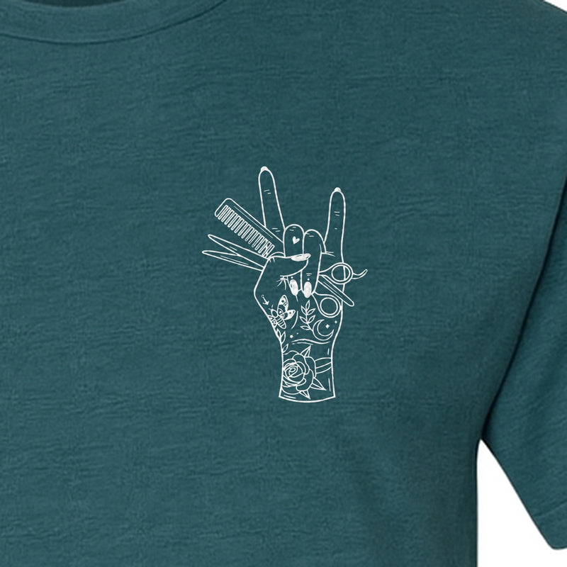 Hairstylist T-Shirt, Rock On Hand and Hair Tools Graphic for Hairdressers and Salon Pros