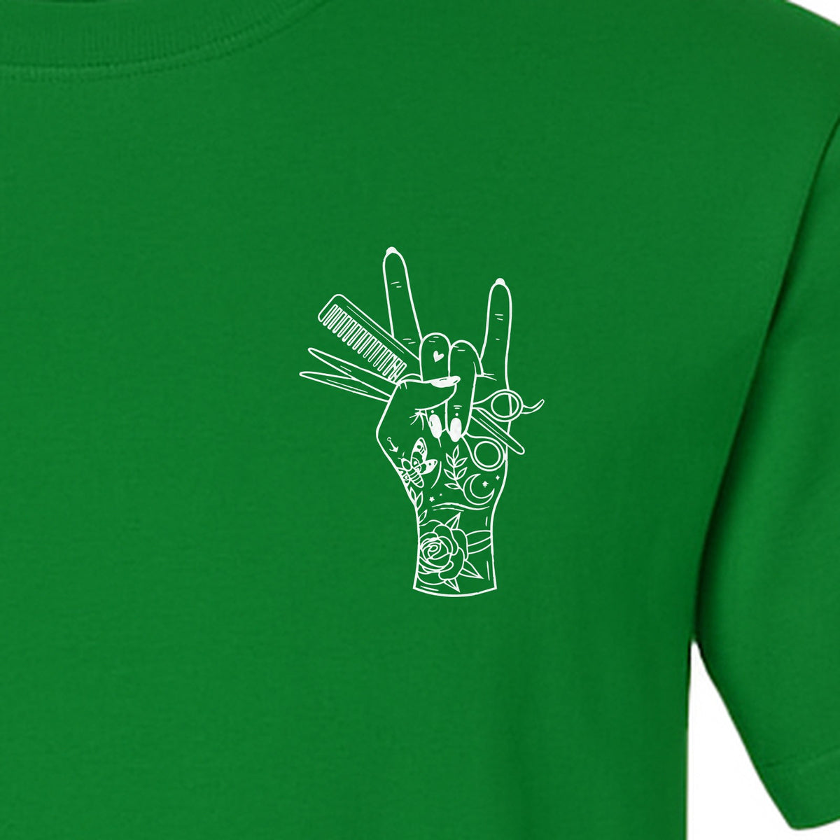 Hairstylist T-Shirt, Rock On Hand and Hair Tools Graphic for Hairdressers and Salon Pros