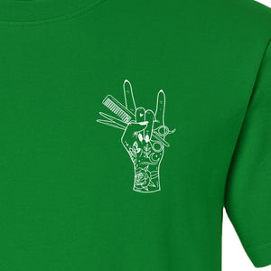 Hairstylist T-Shirt, Rock On Hand and Hair Tools Graphic for Hairdressers and Salon Pros