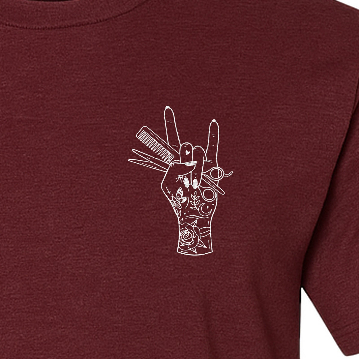 Hairstylist T-Shirt, Rock On Hand and Hair Tools Graphic for Hairdressers and Salon Pros