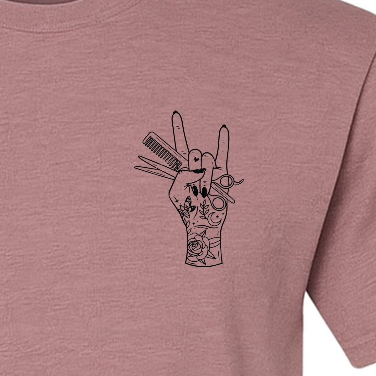 Hairstylist T-Shirt, Rock On Hand and Hair Tools Graphic for Hairdressers and Salon Pros