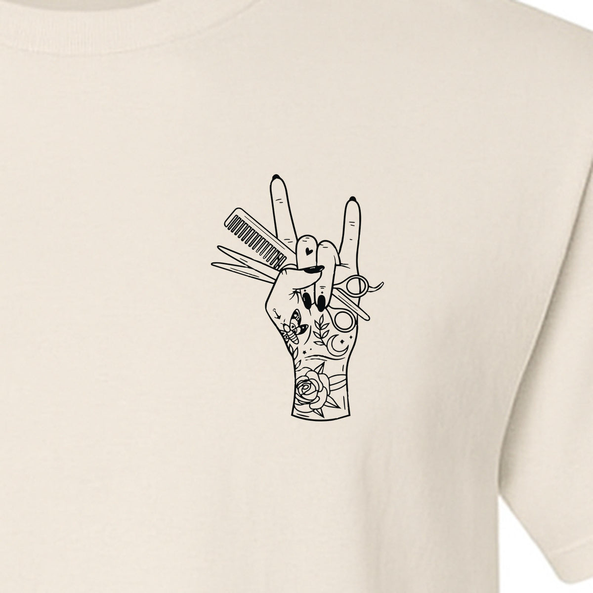 Hairstylist T-Shirt, Rock On Hand and Hair Tools Graphic for Hairdressers and Salon Pros