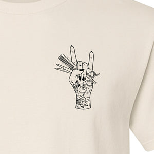 Hairstylist T-Shirt, Rock On Hand and Hair Tools Graphic for Hairdressers and Salon Pros