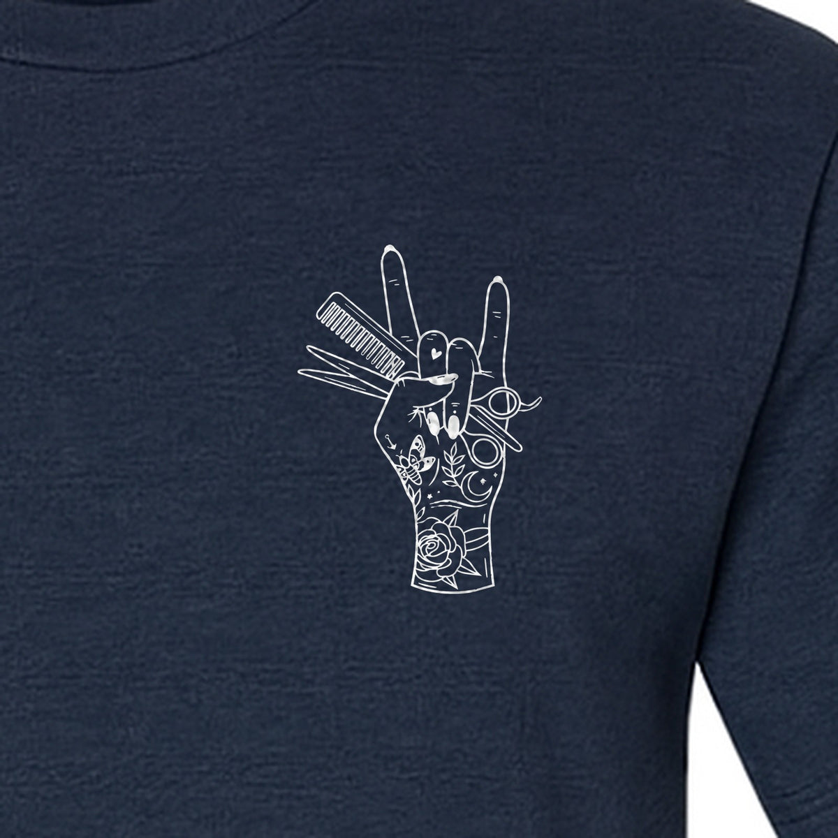 Hairstylist T-Shirt, Rock On Hand and Hair Tools Graphic for Hairdressers and Salon Pros