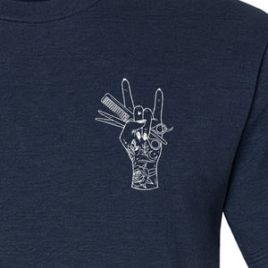 Hairstylist T-Shirt, Rock On Hand and Hair Tools Graphic for Hairdressers and Salon Pros