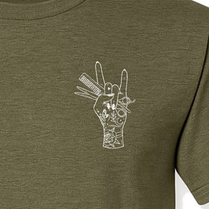 Hairstylist T-Shirt, Rock On Hand and Hair Tools Graphic for Hairdressers and Salon Pros
