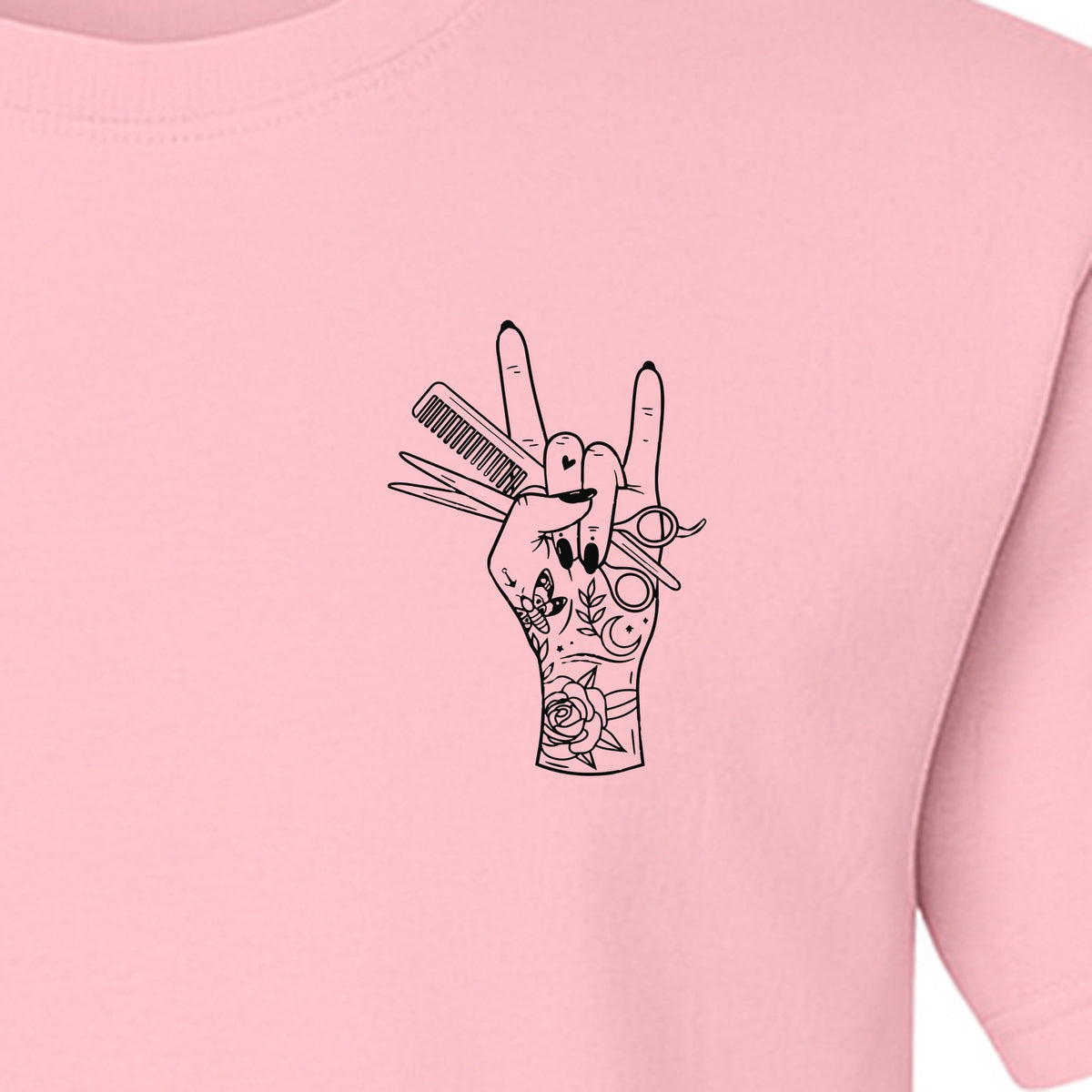 Hairstylist T-Shirt, Rock On Hand and Hair Tools Graphic for Hairdressers and Salon Pros
