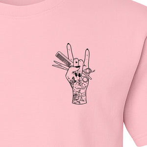 Hairstylist T-Shirt, Rock On Hand and Hair Tools Graphic for Hairdressers and Salon Pros