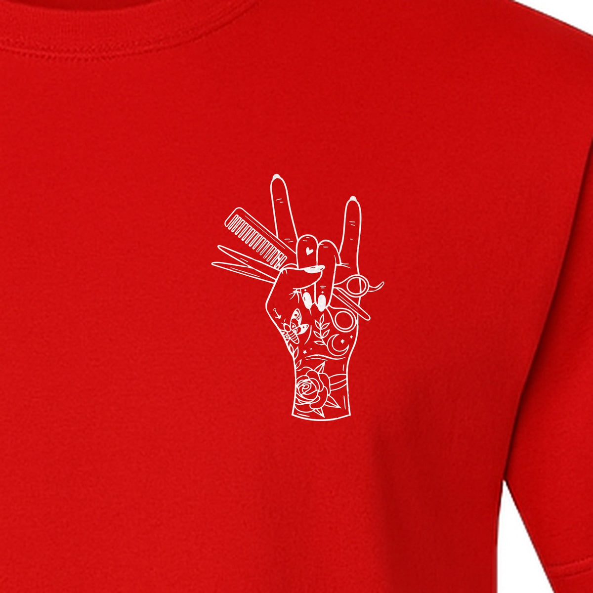 Hairstylist T-Shirt, Rock On Hand and Hair Tools Graphic for Hairdressers and Salon Pros