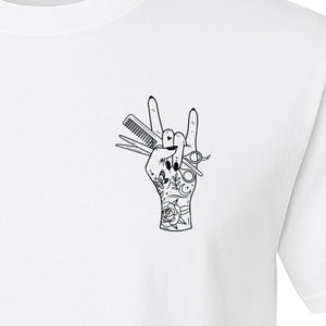 Hairstylist T-Shirt, Rock On Hand and Hair Tools Graphic for Hairdressers and Salon Pros