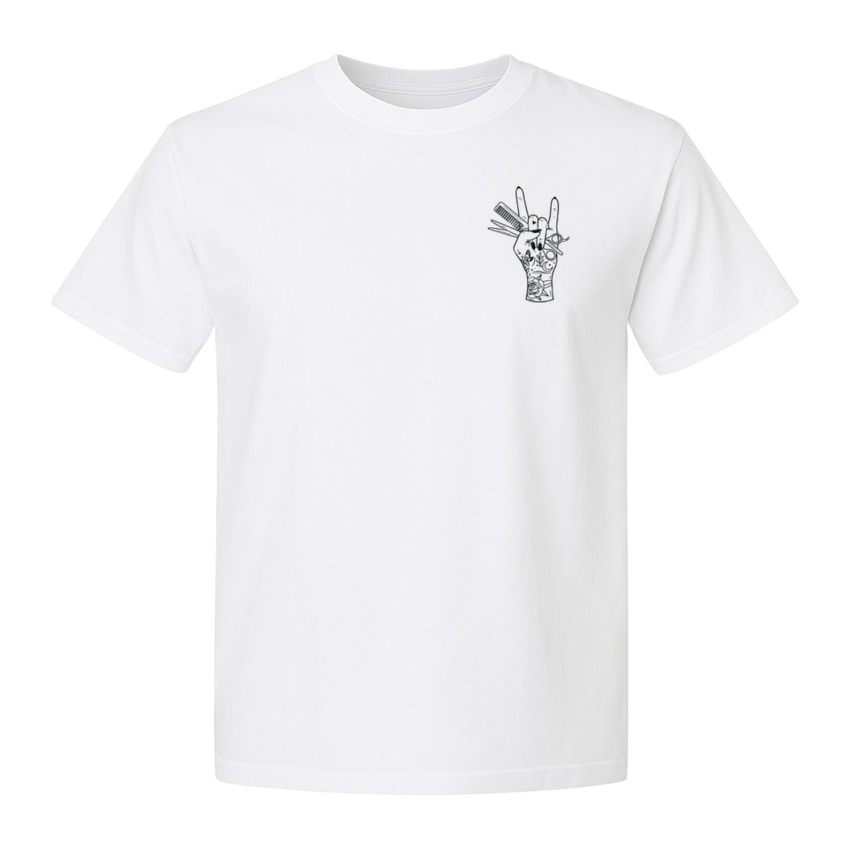 Hairstylist T-Shirt, Rock On Hand and Hair Tools Graphic for Hairdressers and Salon Pros