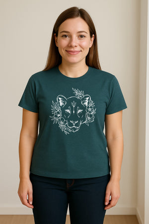 Lioness T-Shirt, Floral Botanical Big Cat Graphic for Animal and Nature Lovers