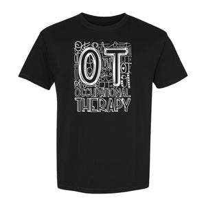 Occupational Therapist T-Shirt, OT Doodle Letter Design for Pediatric Clinicians and Therapy Students