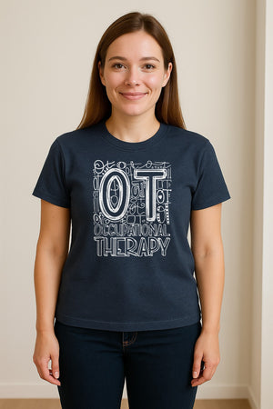 Occupational Therapist T-Shirt, OT Doodle Letter Design for Pediatric Clinicians and Therapy Students